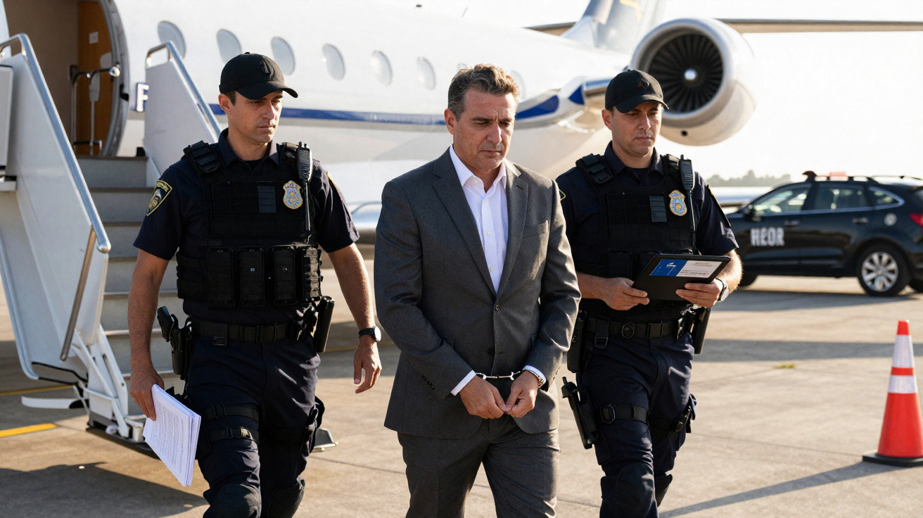 Homem algemado escoltado por policiais durante desembarque de avião no aeroporto.