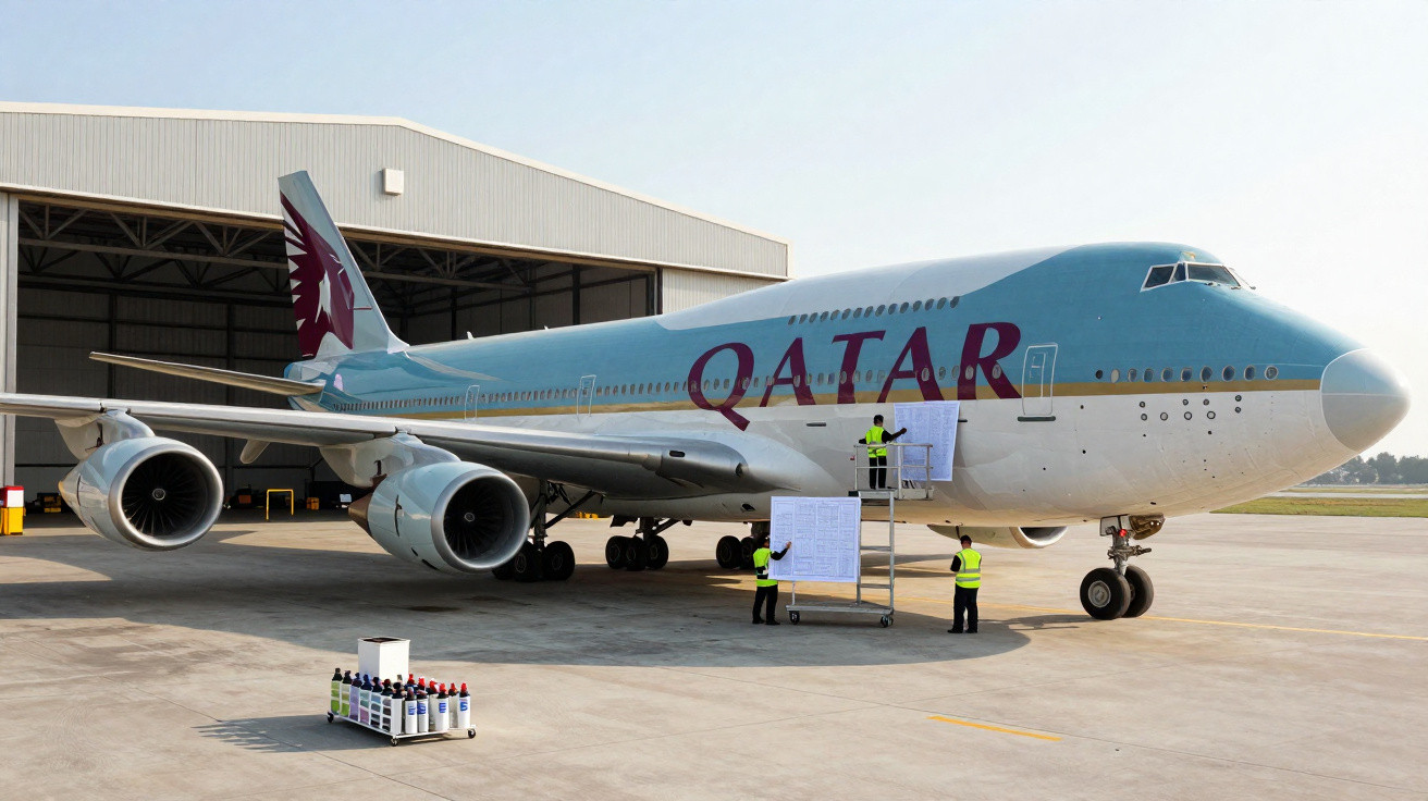 Avião da Qatar Airways estacionado em hangar com três funcionários e equipamentos de manutenção no chão.