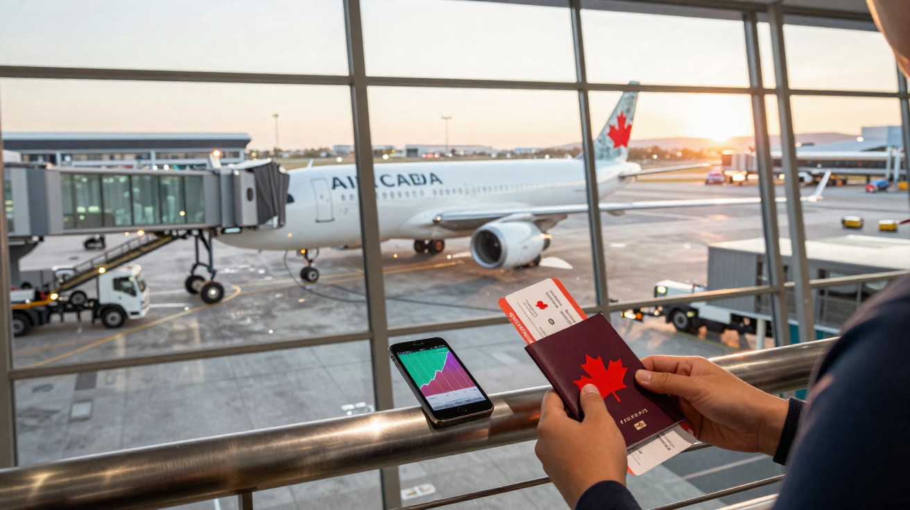 Passageiro segurando passaporte canadense e cartão de embarque com avião Air Canada ao fundo no portão do aeroporto.