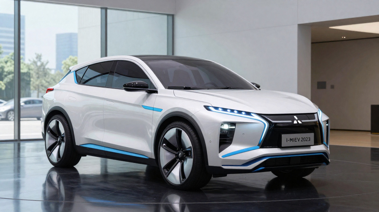 Carro elétrico Mitsubishi I-Miev 2023 branco em exposição interna com design moderno e detalhes azuis.