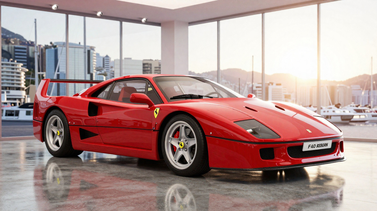 Carro esportivo Ferrari F40 vermelho estacionado em garagem com paredes de vidro e vista da marina ao fundo.