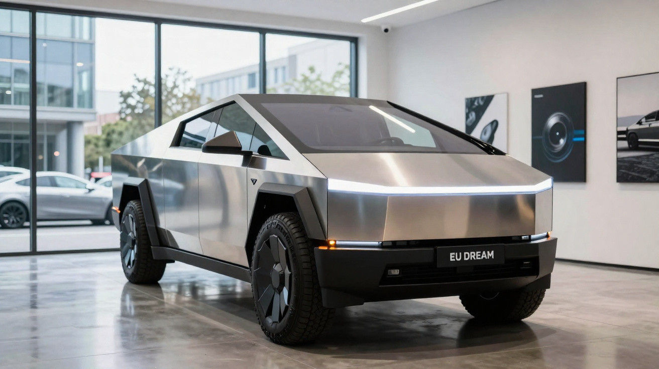 Carro elétrico Tesla Cybertruck cinza em exposição em ambiente interno moderno.