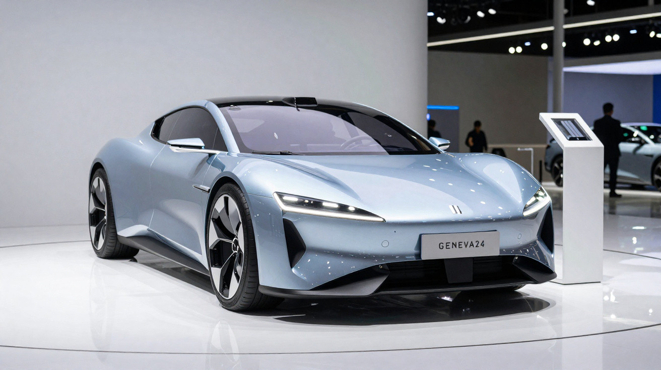Carro esportivo elétrico prata exibido em salão de automóveis, destaque para design moderno e aerodinâmico.