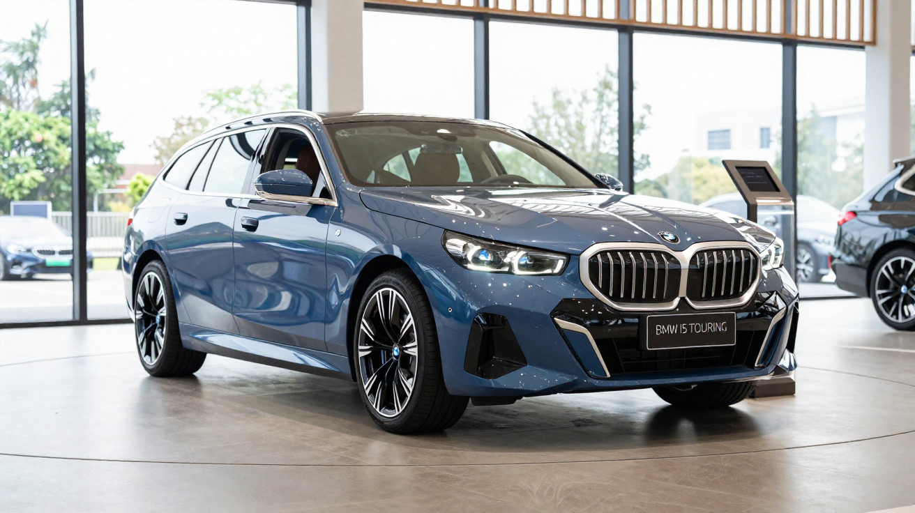 Carro BMW i5 Touring azul exibido em showroom moderno com grandes janelas e piso claro.