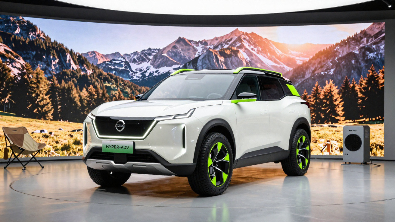 Carro SUV branco com detalhes verdes e rodas verdes exposto em ambiente interno com fundo de montanhas ao pôr do sol.