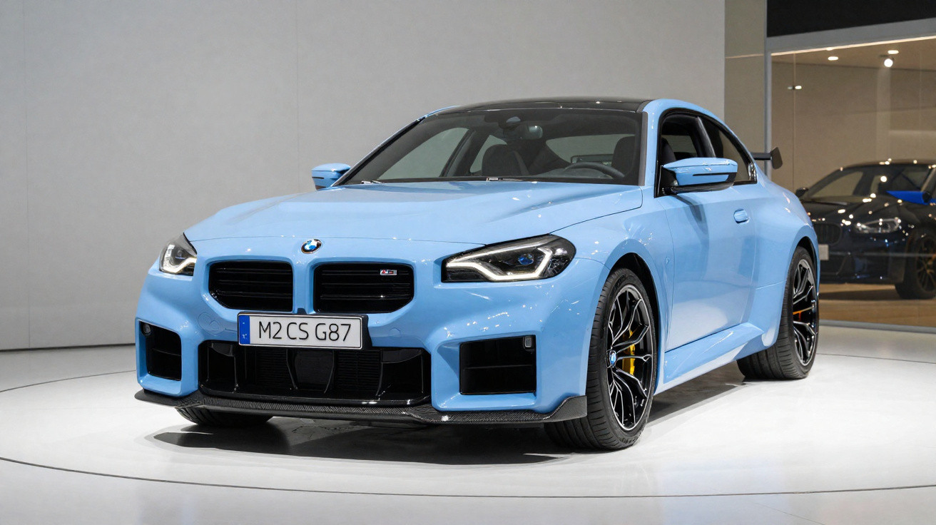 Carro esportivo BMW M2 CS azul claro exibido em estande com teto preto e rodas pretas com detalhes amarelos.