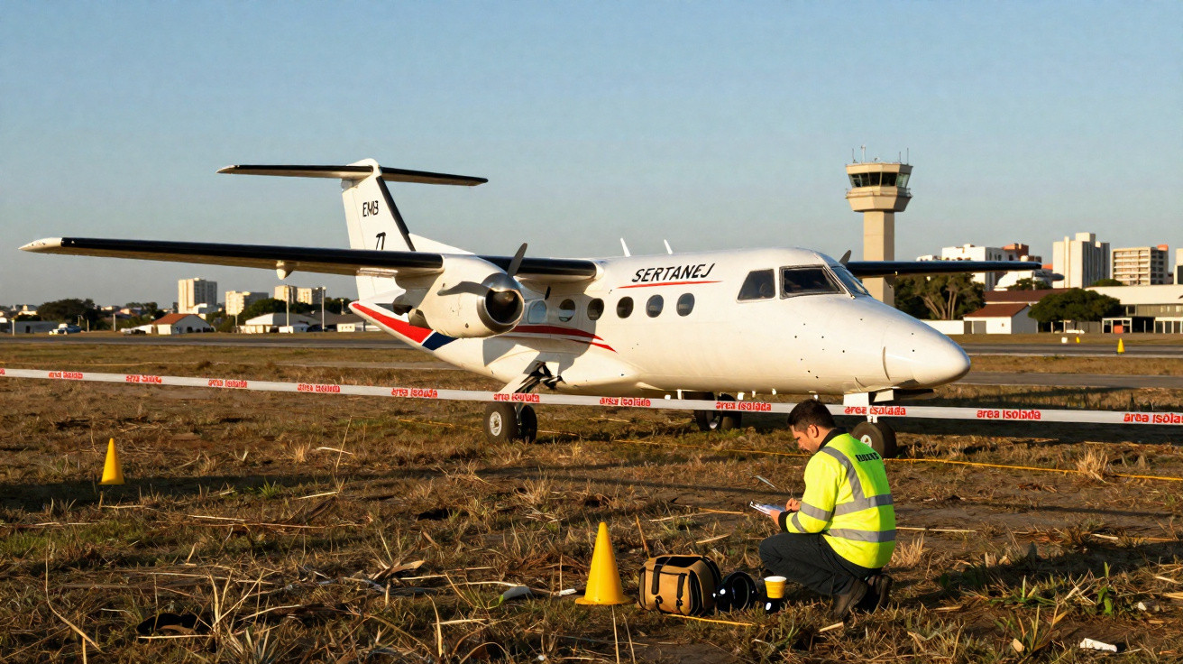 Avião branco da EMB 71 da Sertanejo parado no aeroporto com homem de colete refletivo trabalhando no chão.