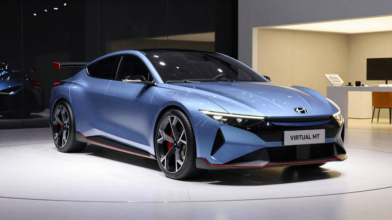Carro esportivo azul metálico Hyundai Virtual MT exposto em palco com iluminação branca intensa.