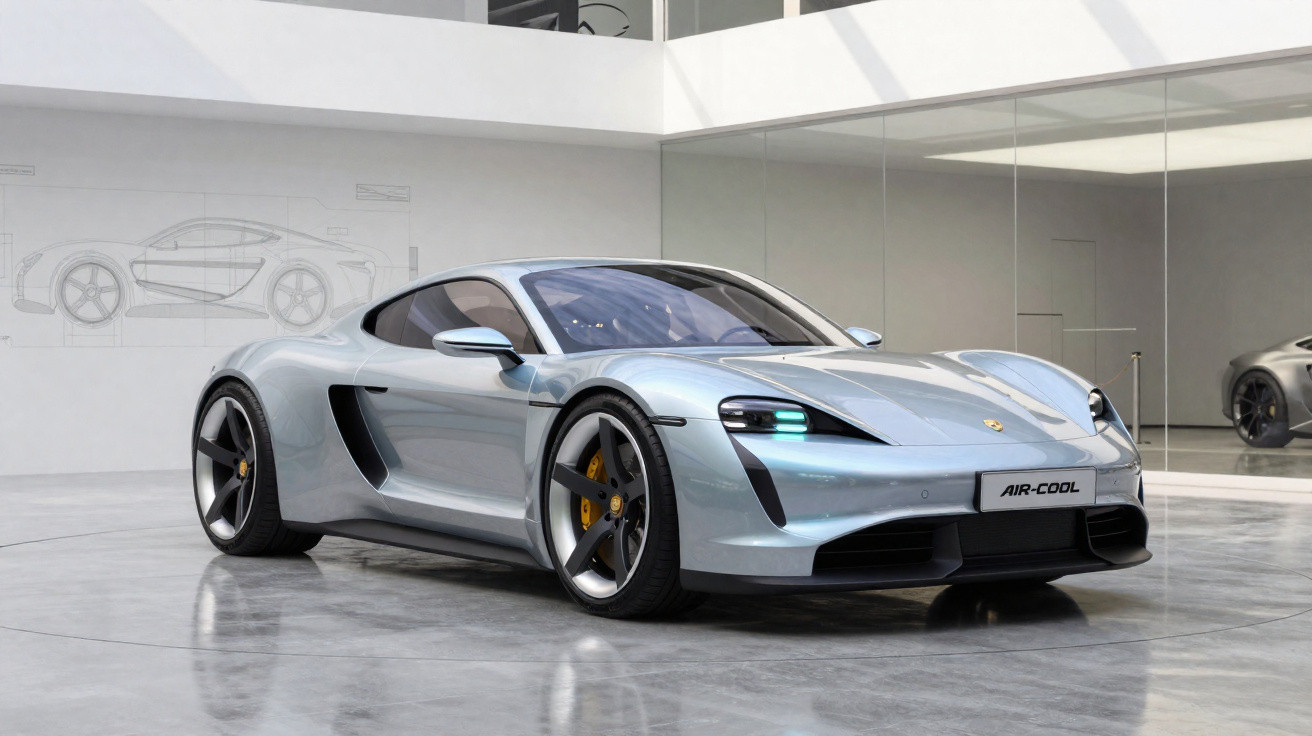 Carro esportivo prata estacionado em ambiente interno moderno com parede espelhada ao fundo.