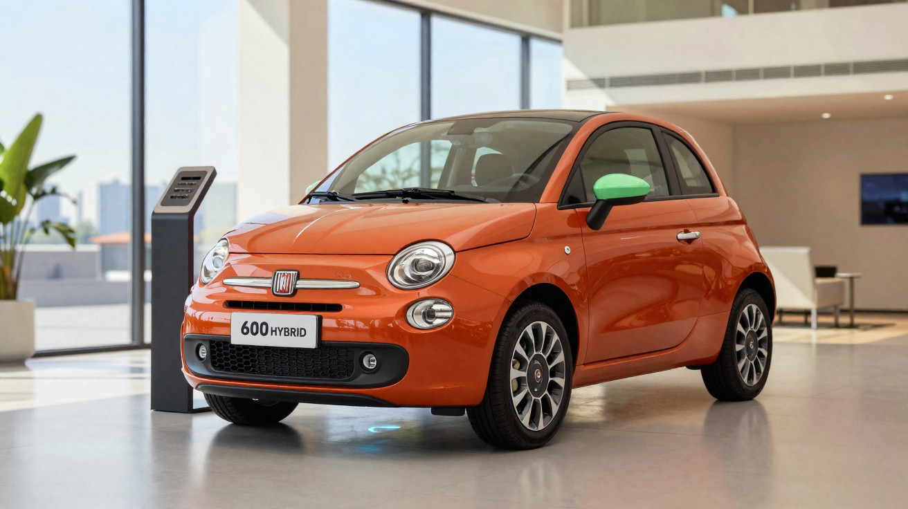 Carro Fiat 600 Hybrid laranja estacionado em ambiente interno moderno e iluminado.