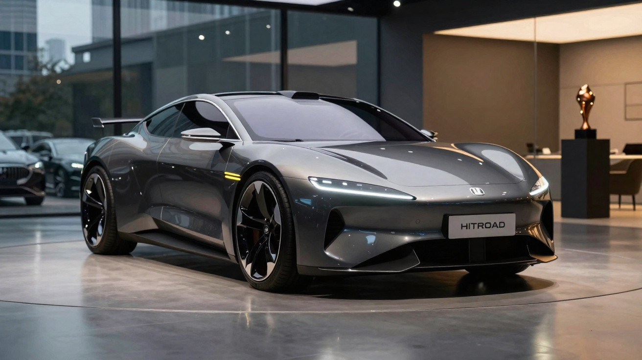 Carro esportivo elétrico cinza com design futurista exibido em showroom moderno.