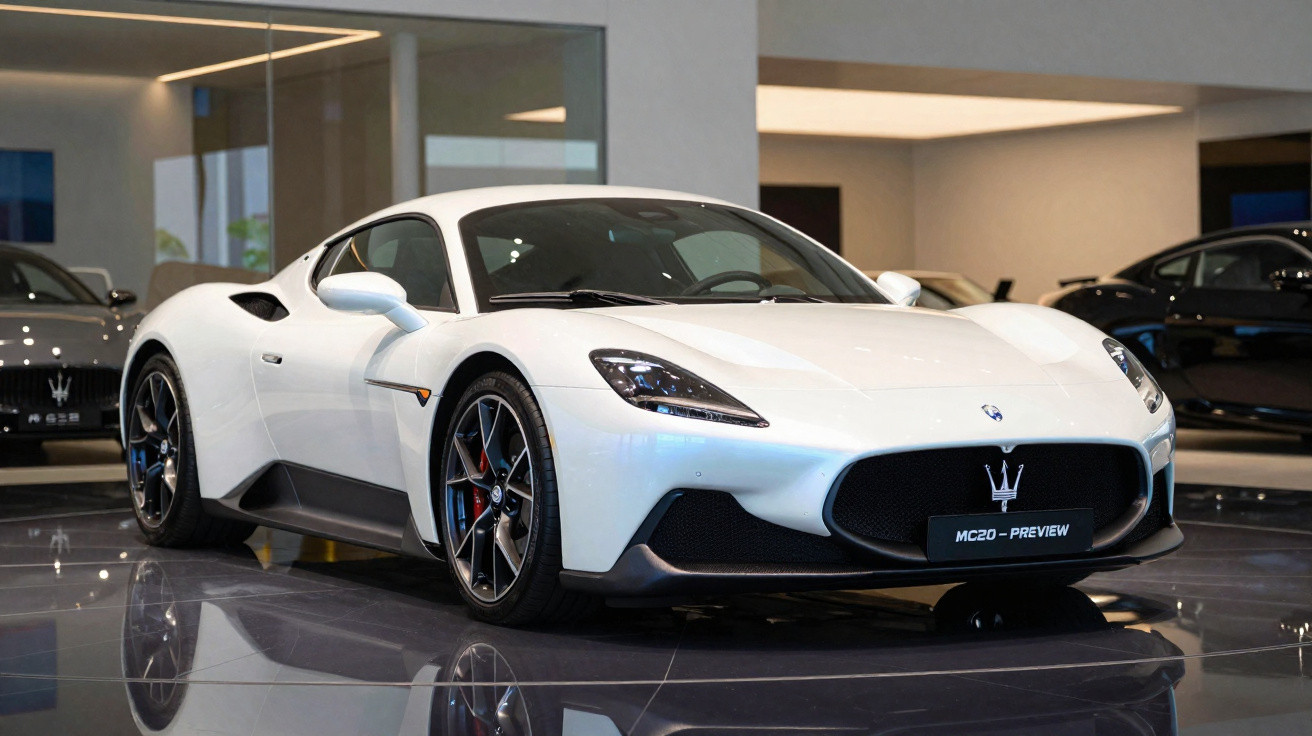 Carro esportivo branco Maserati MC20 em exibição dentro de showroom moderno, com piso refletivo.