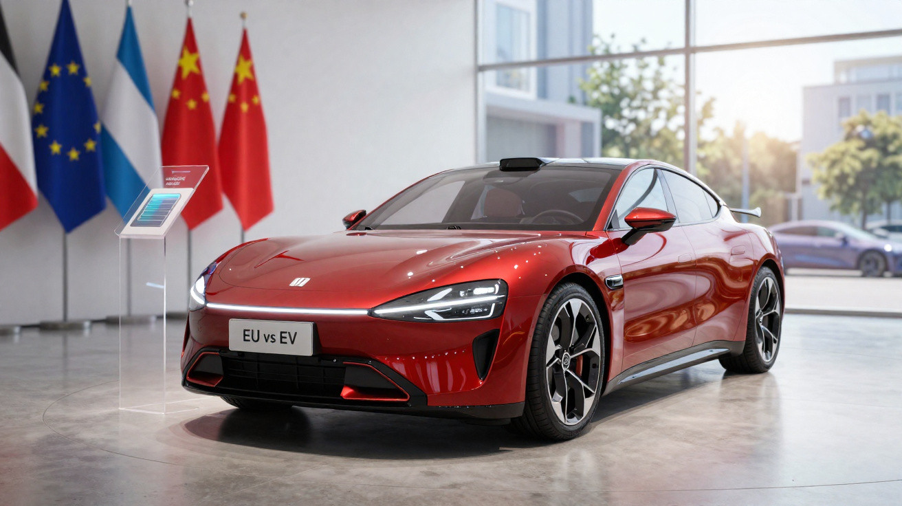 Carro esportivo vermelho exposto em showroom com placas da União Europeia e China ao fundo.