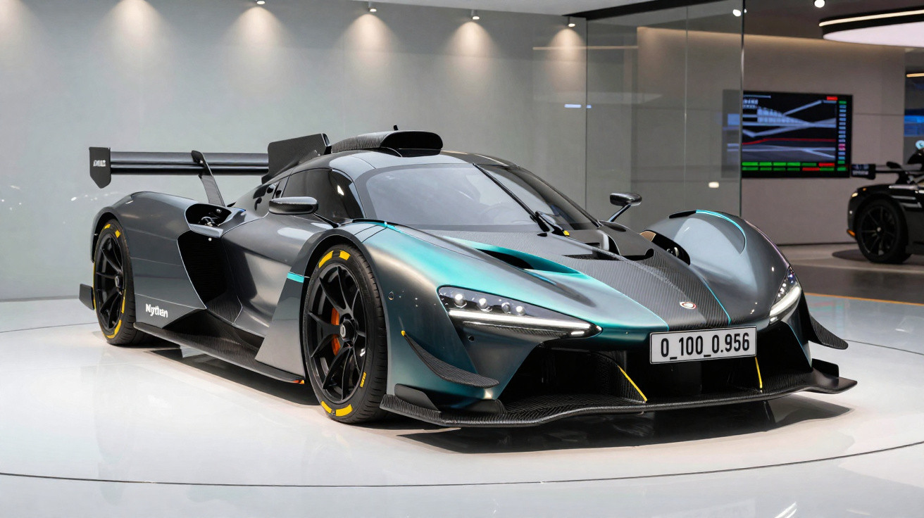 Carro esportivo superveloz cinza metálico em exposição interna com rodas pretas e detalhes amarelos.