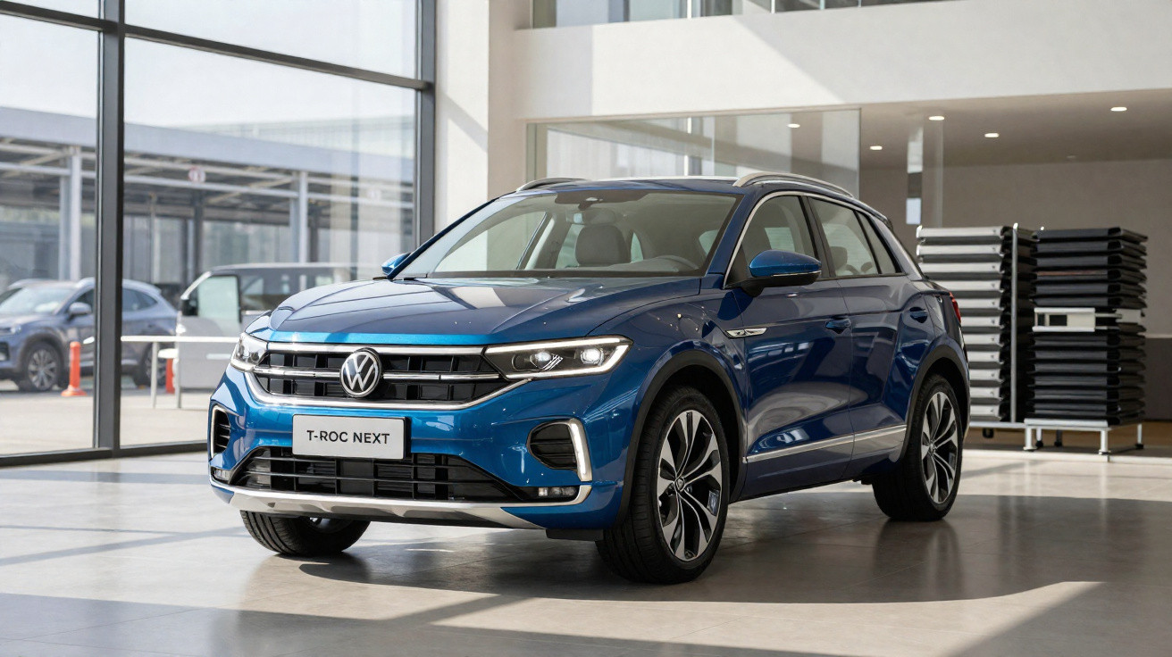 Carro Volkswagen T-Roc Next azul exibido em showroom moderno e iluminado.