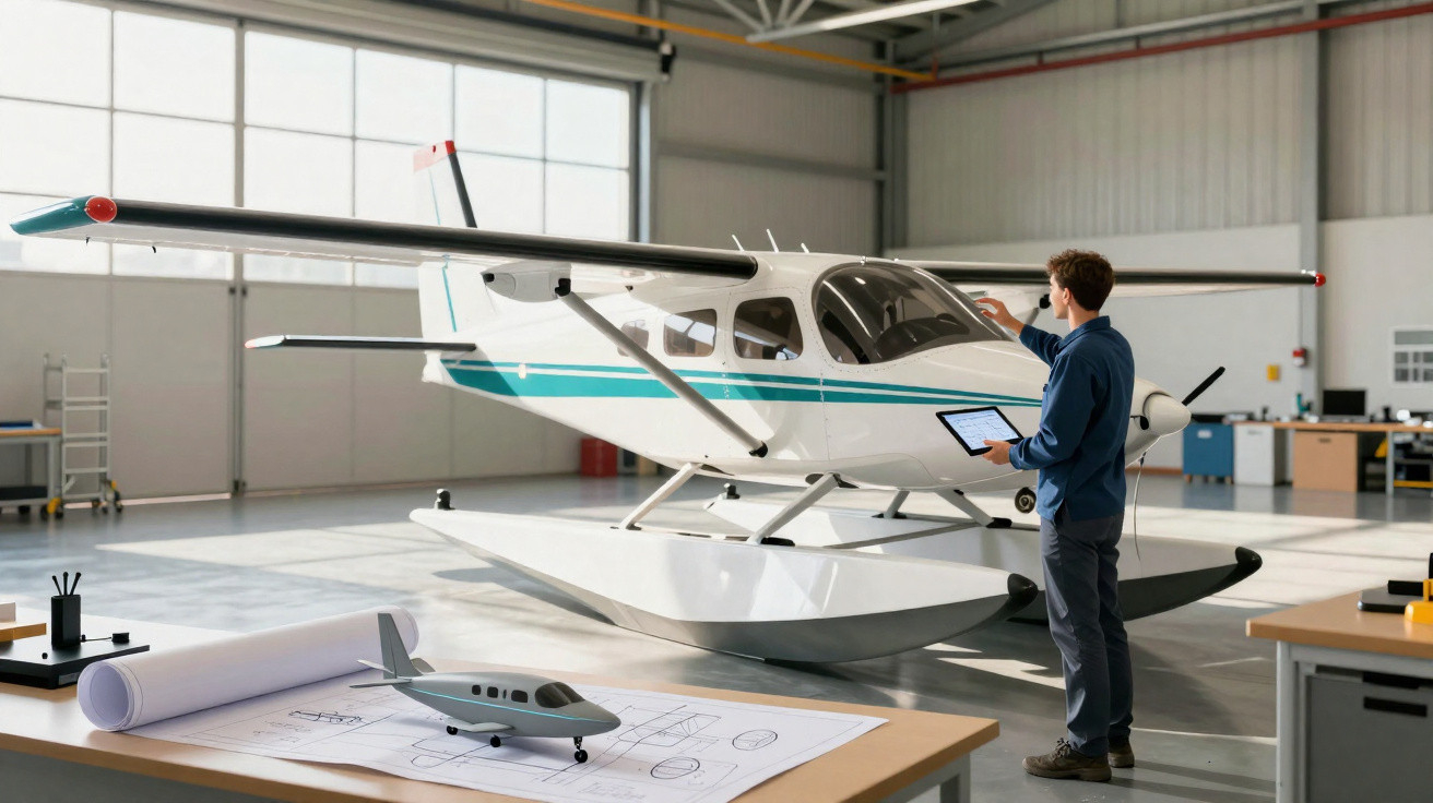 Homem analisando avião flutuador branco em hangar com planta e modelo de aeronave na mesa.