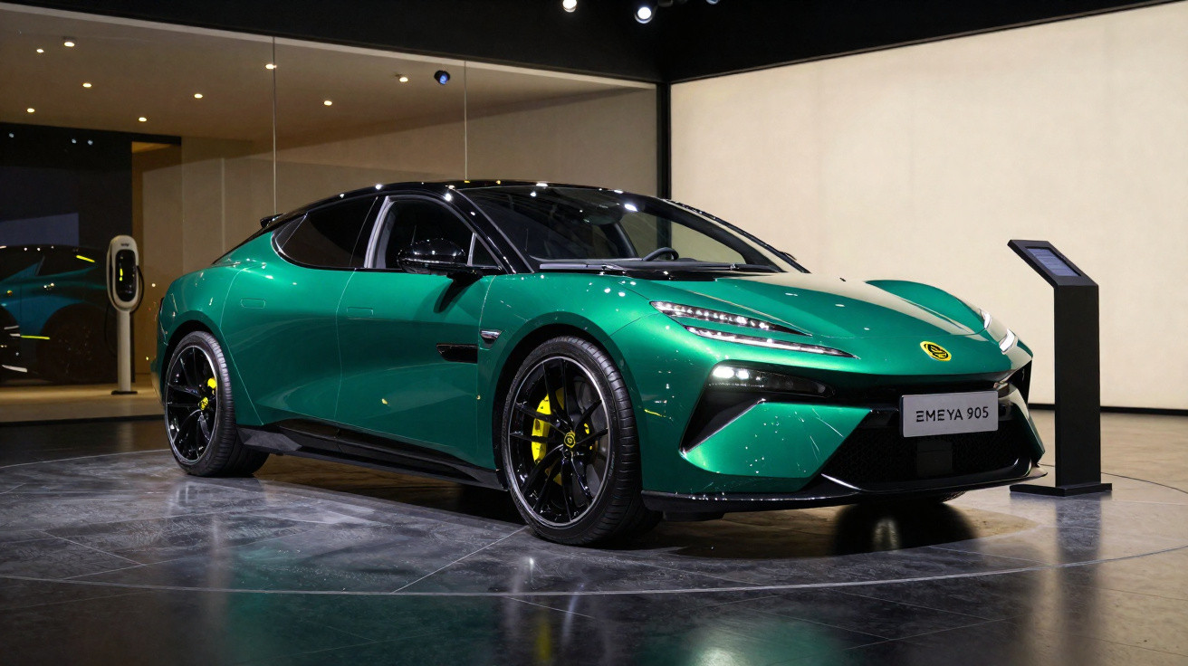 Carro esportivo elétrico verde Lotus Emeya 905 exposto em salão de automóveis.