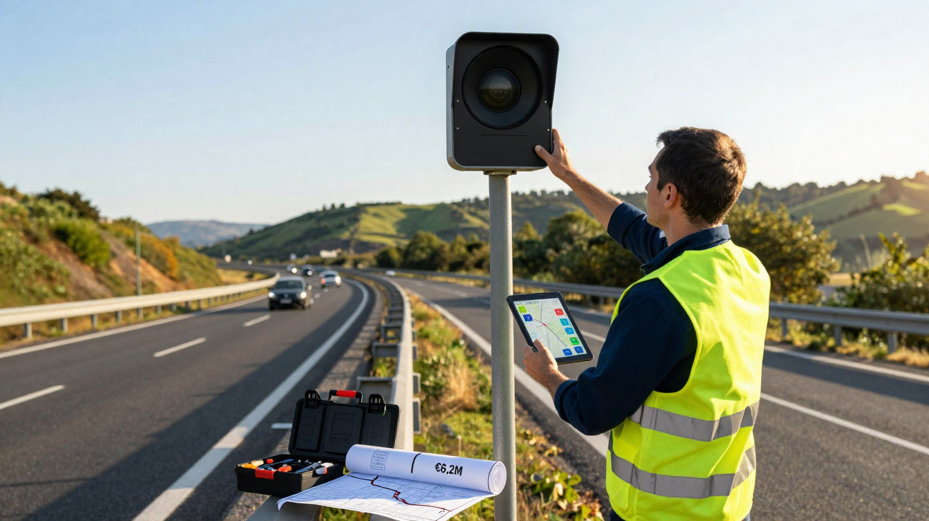 Homem com colete amarelo ajusta equipamento eletrônico ao lado de estrada com tablets e papéis.