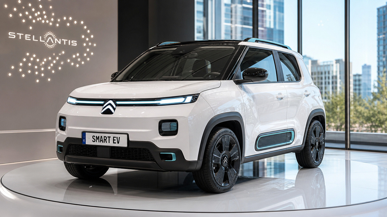 Carro elétrico branco Citroën Smart EV exibido em um estande moderno com vidro ao fundo.