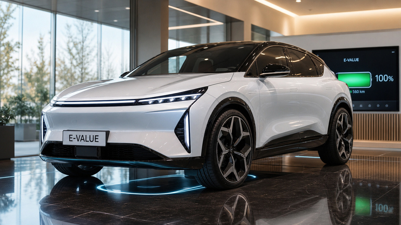 Carro elétrico branco futurista modelo E-VALUE exibido em ambiente interno moderno.