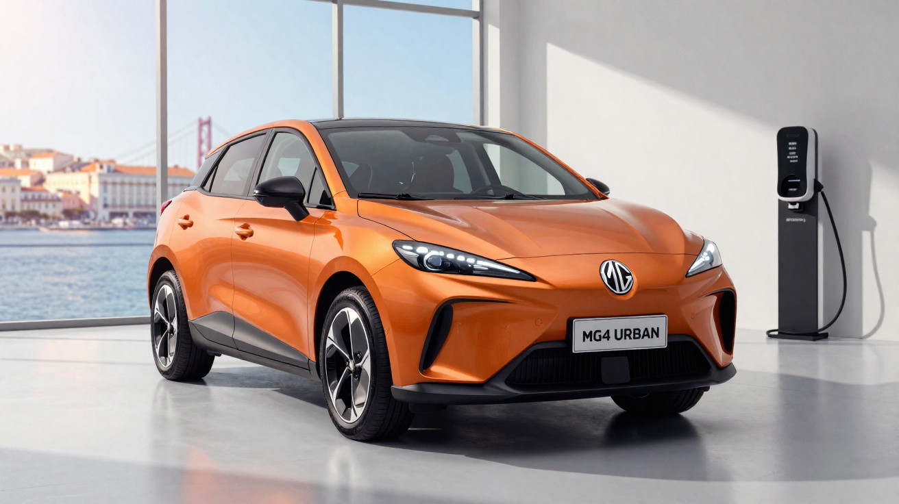 Carro elétrico laranja MG4 Urban estacionado em ambiente interno próximo a estação de recarga.