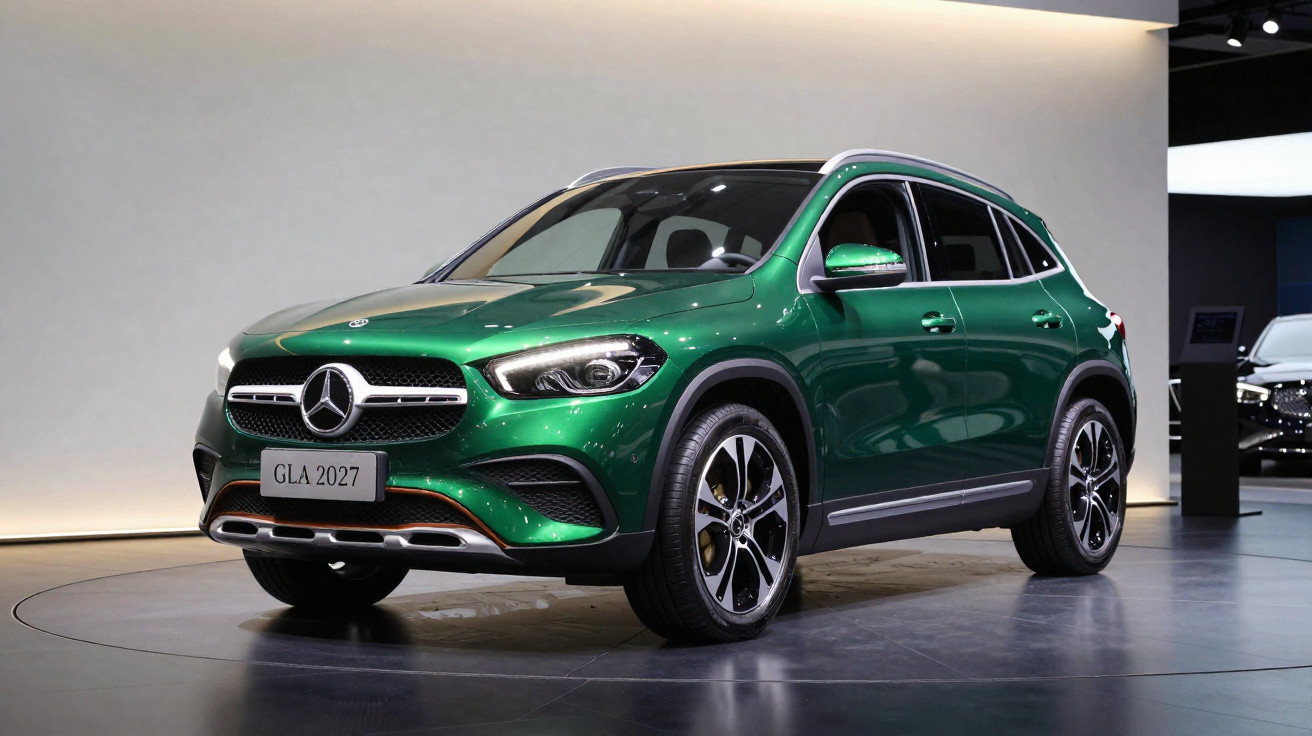 Carro SUV Mercedes-Benz GLA verde exibido em ambiente interno com iluminação moderna.