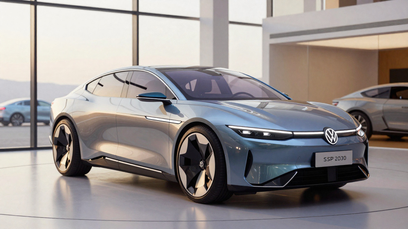 Carro elétrico Volkswagen SSP 2030 cinza metálico em exibição em showroom moderno com grandes janelas.