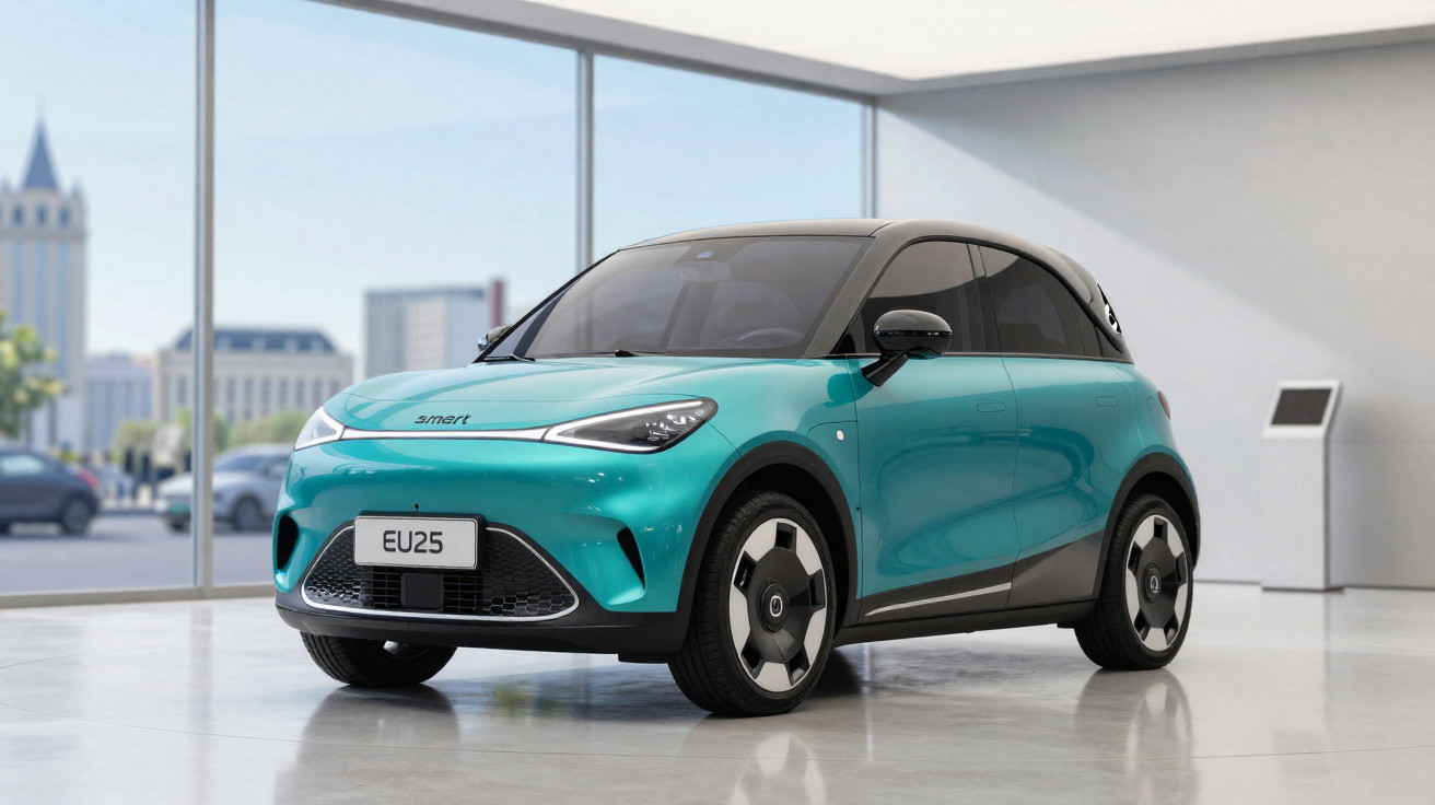 Carro elétrico compacto azul turquesa em exposição dentro de showroom moderno com grandes janelas.