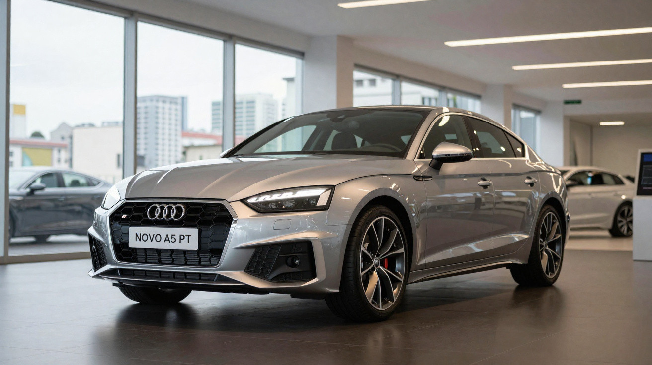 Carro prata Audi A5 sedan novo em showroom com piso cinza e paredes de vidro.