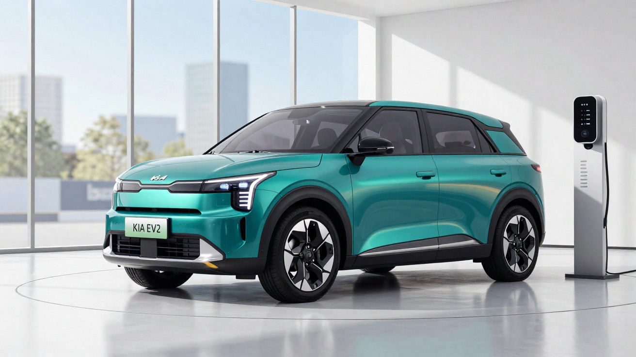 Carro elétrico Kia EV2 verde em showroom com estação de recarga ao lado.