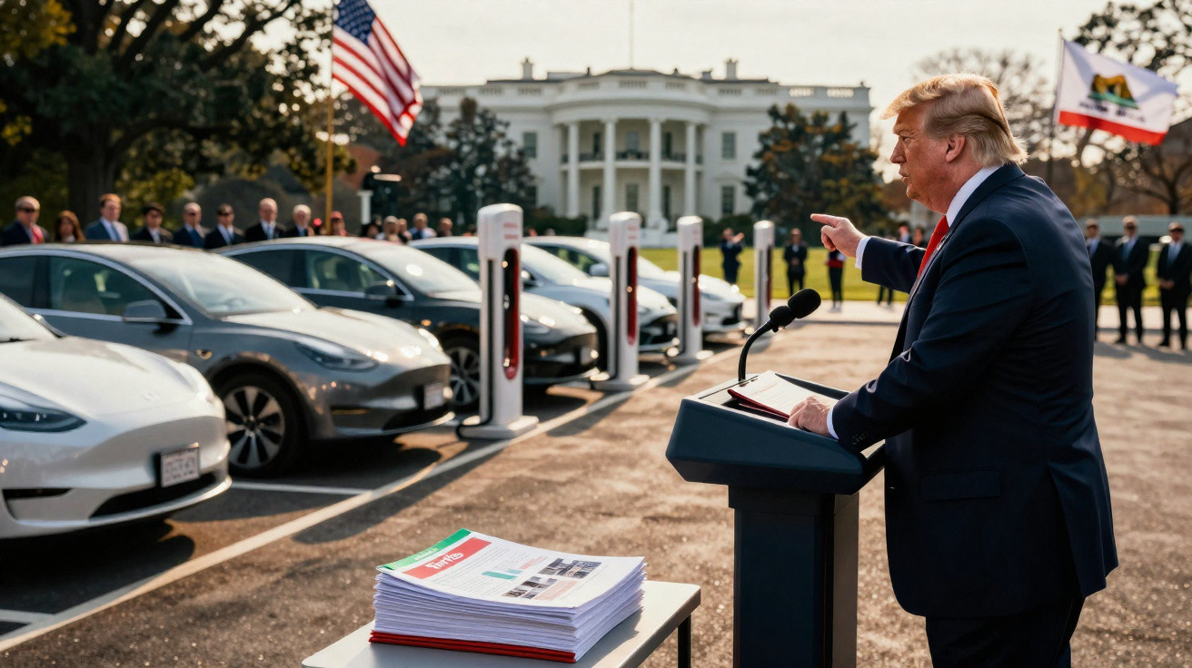 Ex-presidente Trump discursando ao ar livre, com carros elétricos Tesla e a Casa Branca ao fundo.