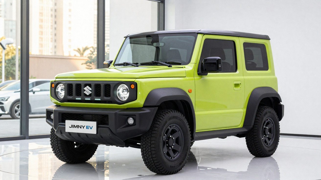 Veículo SUV Suzuki Jimny EV verde limão exibido em ambiente interno moderno.