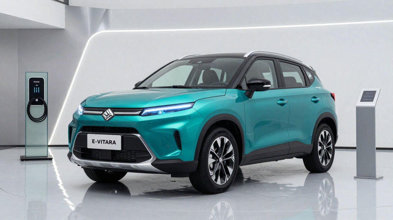 Carro elétrico Suzuki E-Vitara azul exibido em ambiente interno moderno com carregador ao fundo.