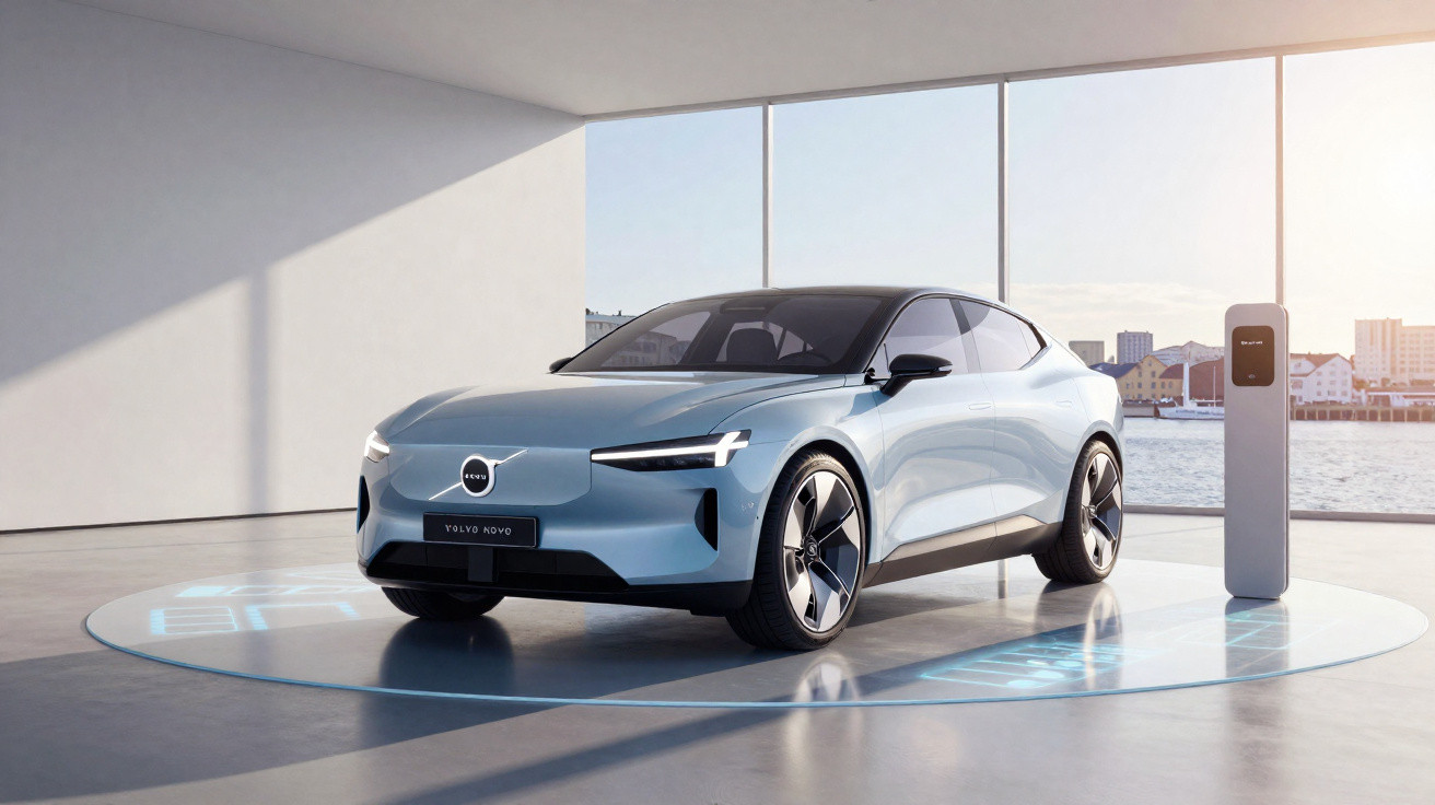Carro elétrico Volvo Novo azul estacionado em ambiente interno moderno ao lado de carregador veicular.