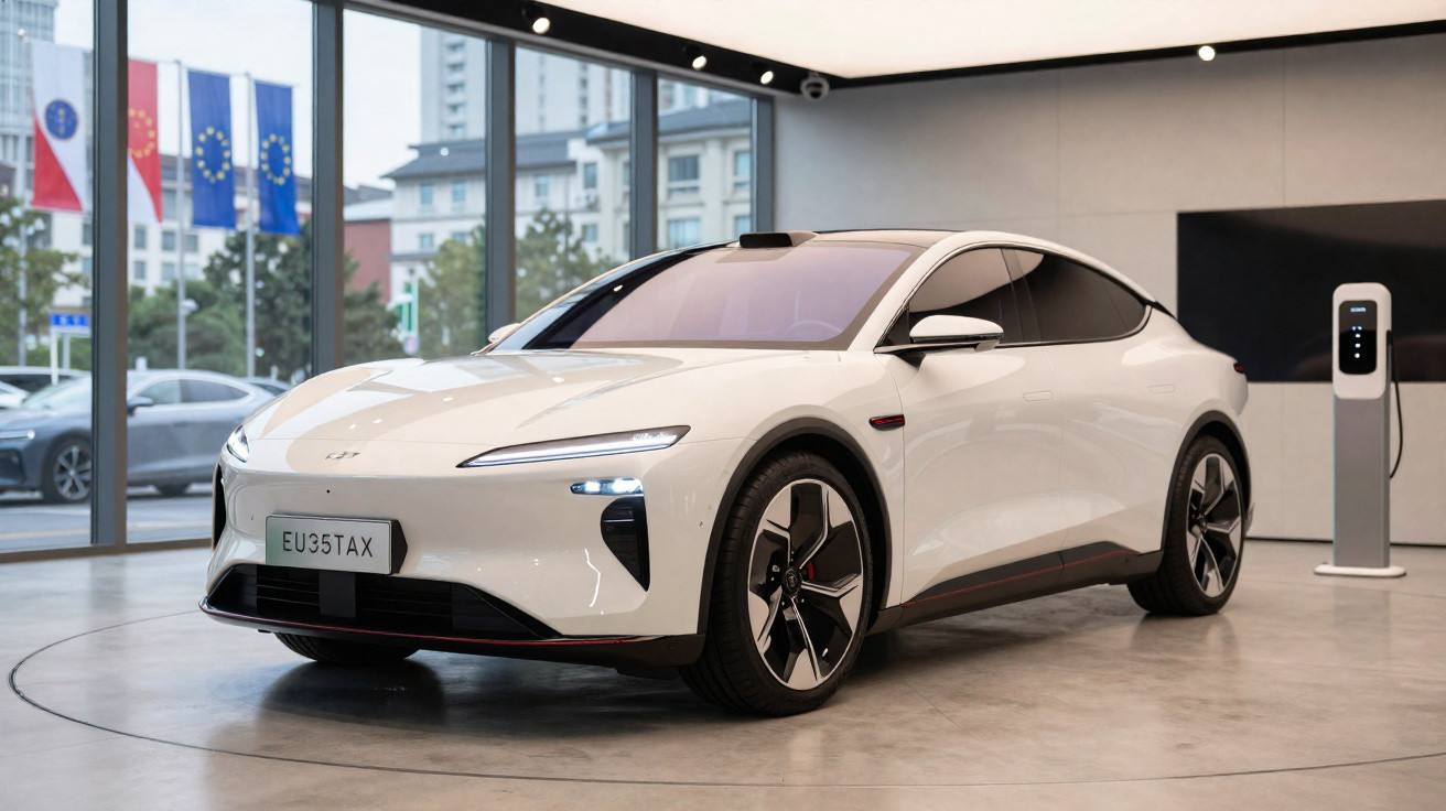 Carro elétrico branco estacionado em showroom moderno com poste de carregamento ao lado.