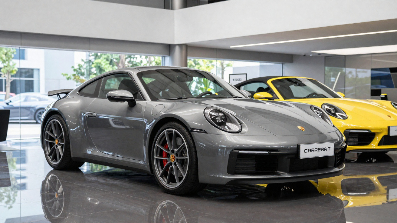 Carro esportivo cinza Porsche Carrera T em showroom com outro carro amarelo ao fundo.