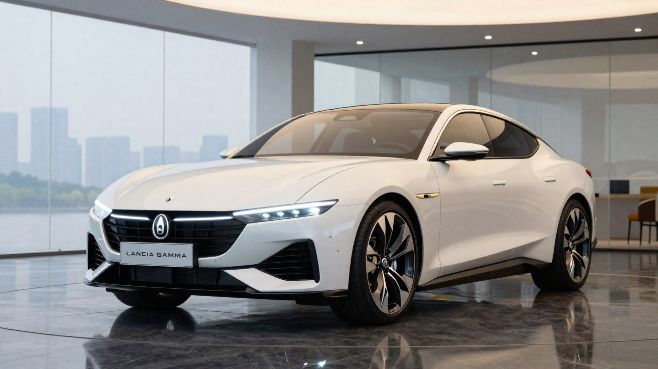 Carro esportivo branco estacionado em ambiente interno com vidro ao fundo e iluminação suave.