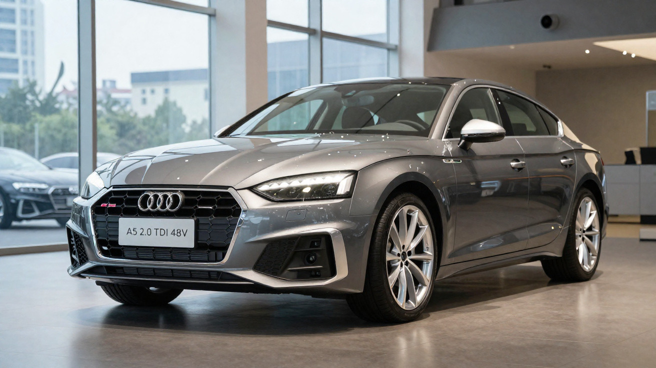 Carro Audi A5 2.0 TDI 48V cinza em exposição em showroom moderno e iluminado.