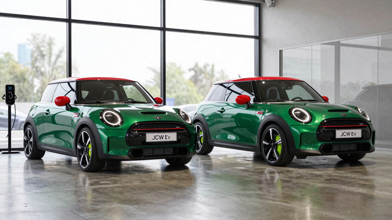 Dois carros Mini JCW EV verdes com teto vermelho estacionados em showroom moderno com parede de vidro.