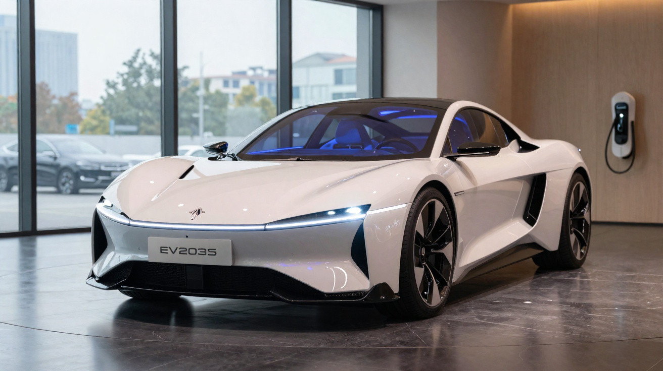 Carro esportivo elétrico branco modelo EV2035 em showroom moderno com carregador na parede.