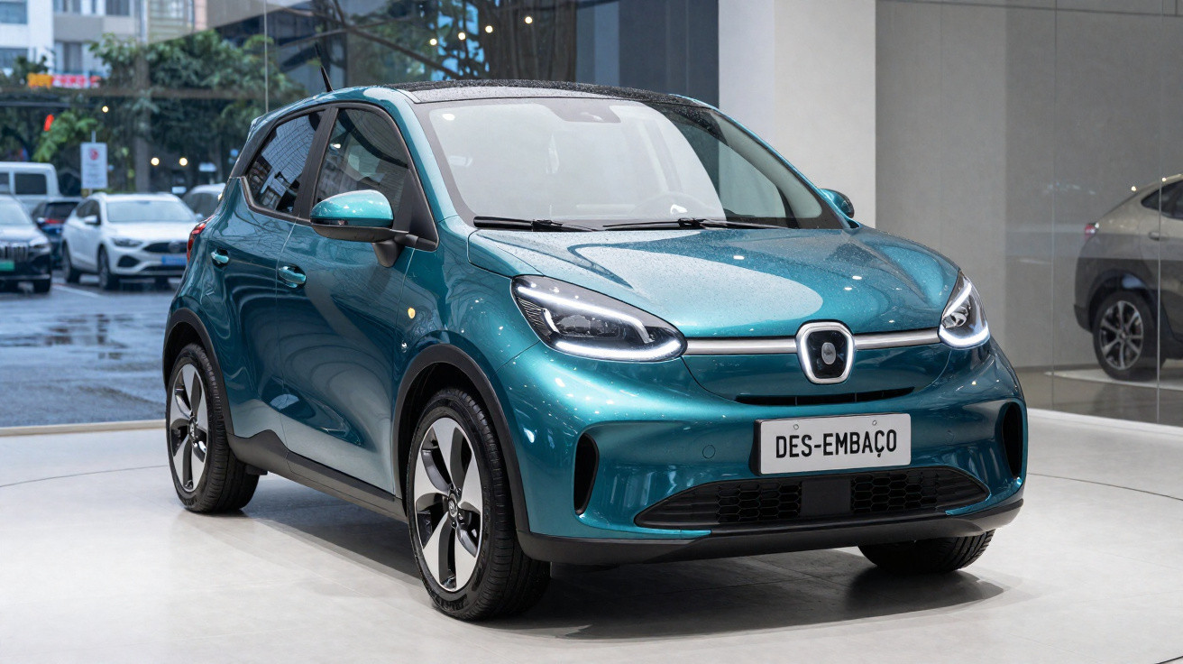 Carro compacto elétrico azul metálico exibido em showroom com placa personalizada DES-EMBAÇO.