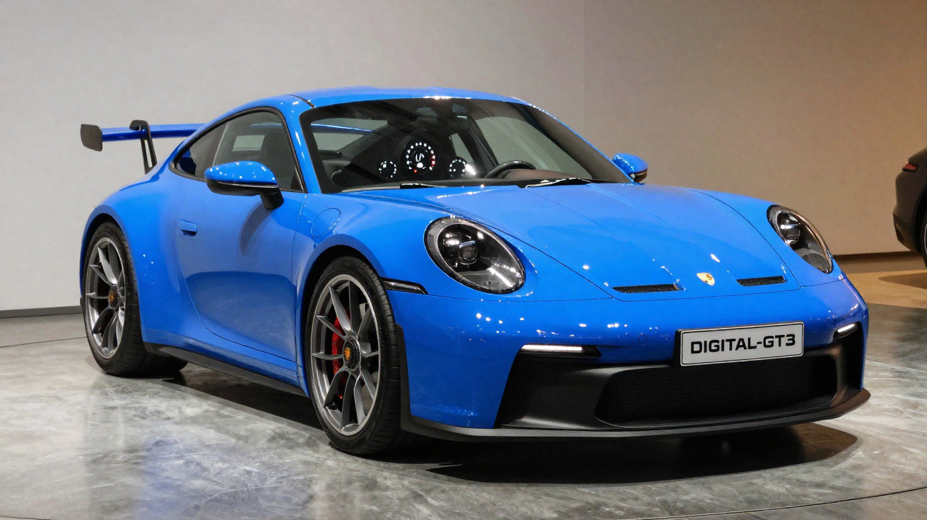 Carro esportivo Porsche azul Digital-GT3 em exposição interna com rodas esportivas e aerofólio traseiro.