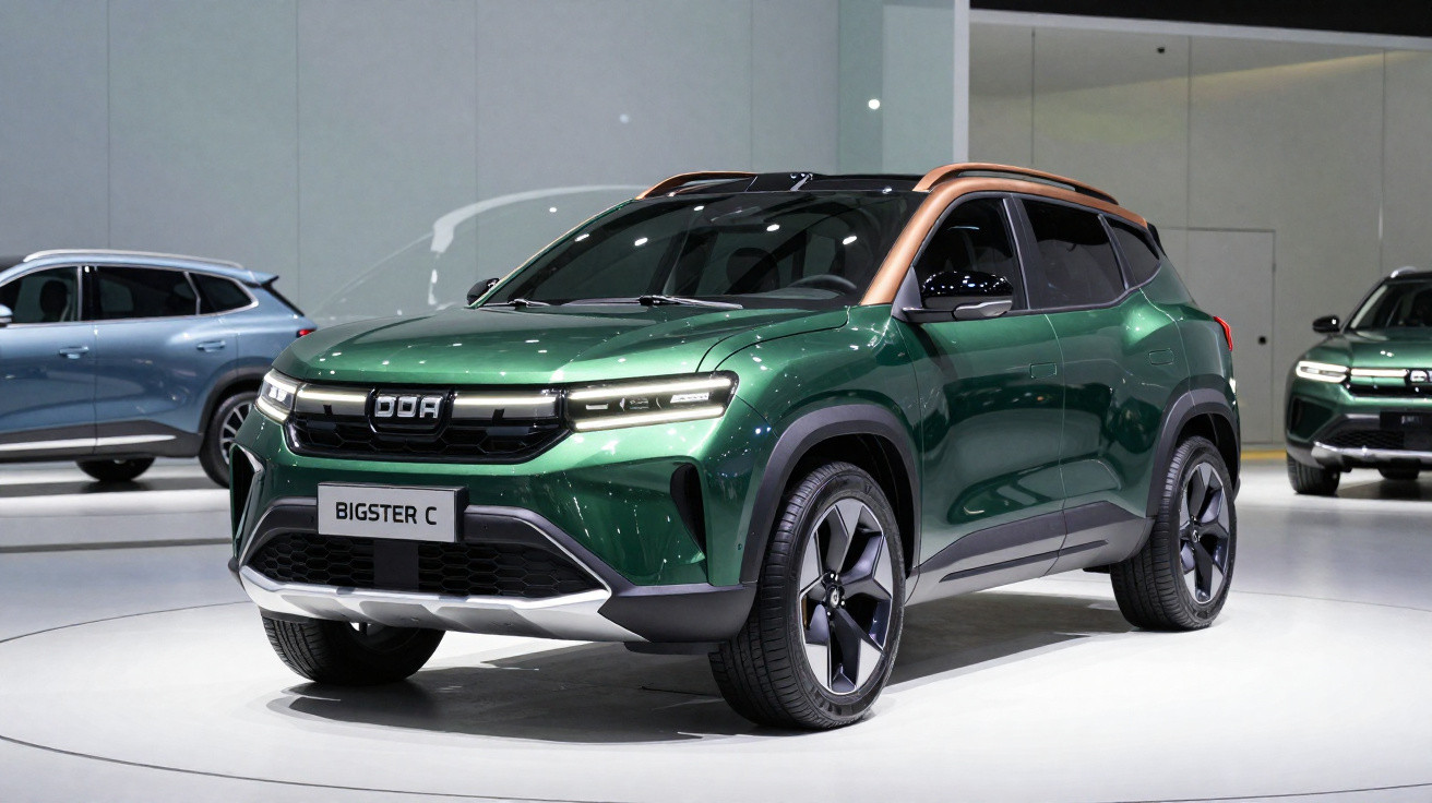SUV verde metálico Bigster C exposto em salão de automóveis com detalhes em bronze no teto.