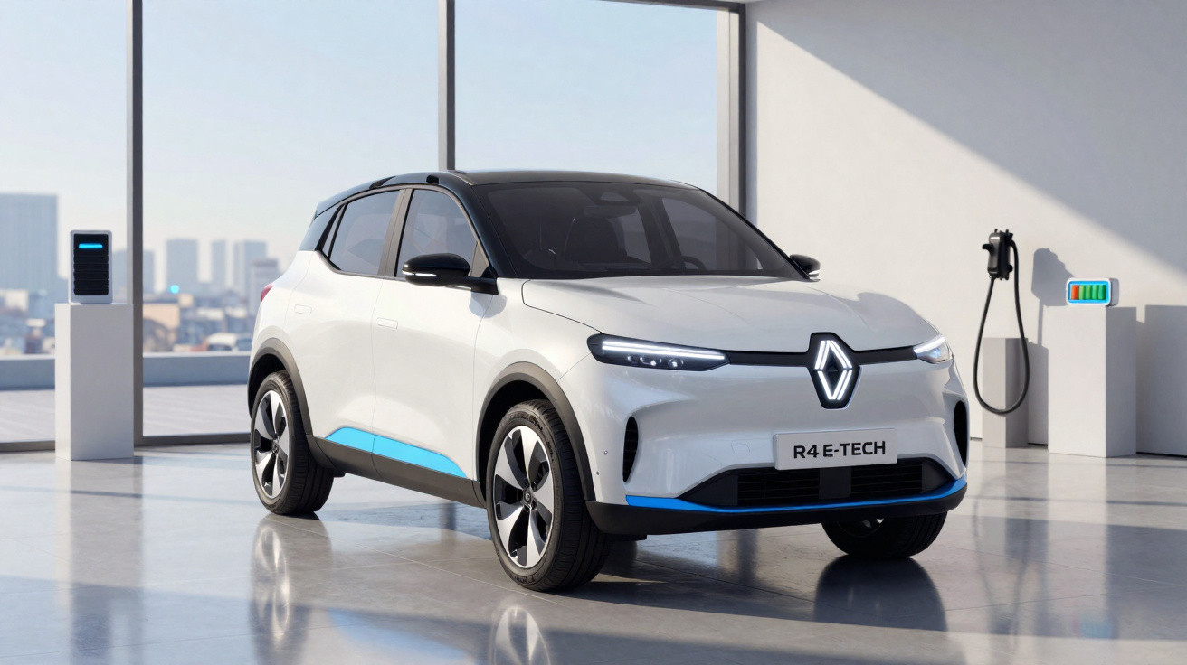 Carro elétrico branco Renault R4 E-Tech em ambiente interno moderno com carregador conectado na parede.