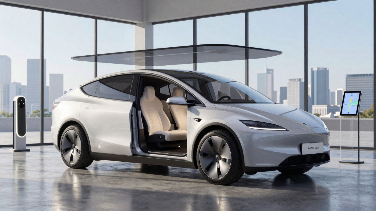 Carro elétrico prateado com porta aberta em espaço moderno com vista urbana e estação de carregamento.