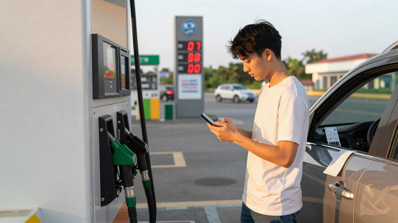 Jovem usando celular ao lado de carro em posto de gasolina durante o dia.