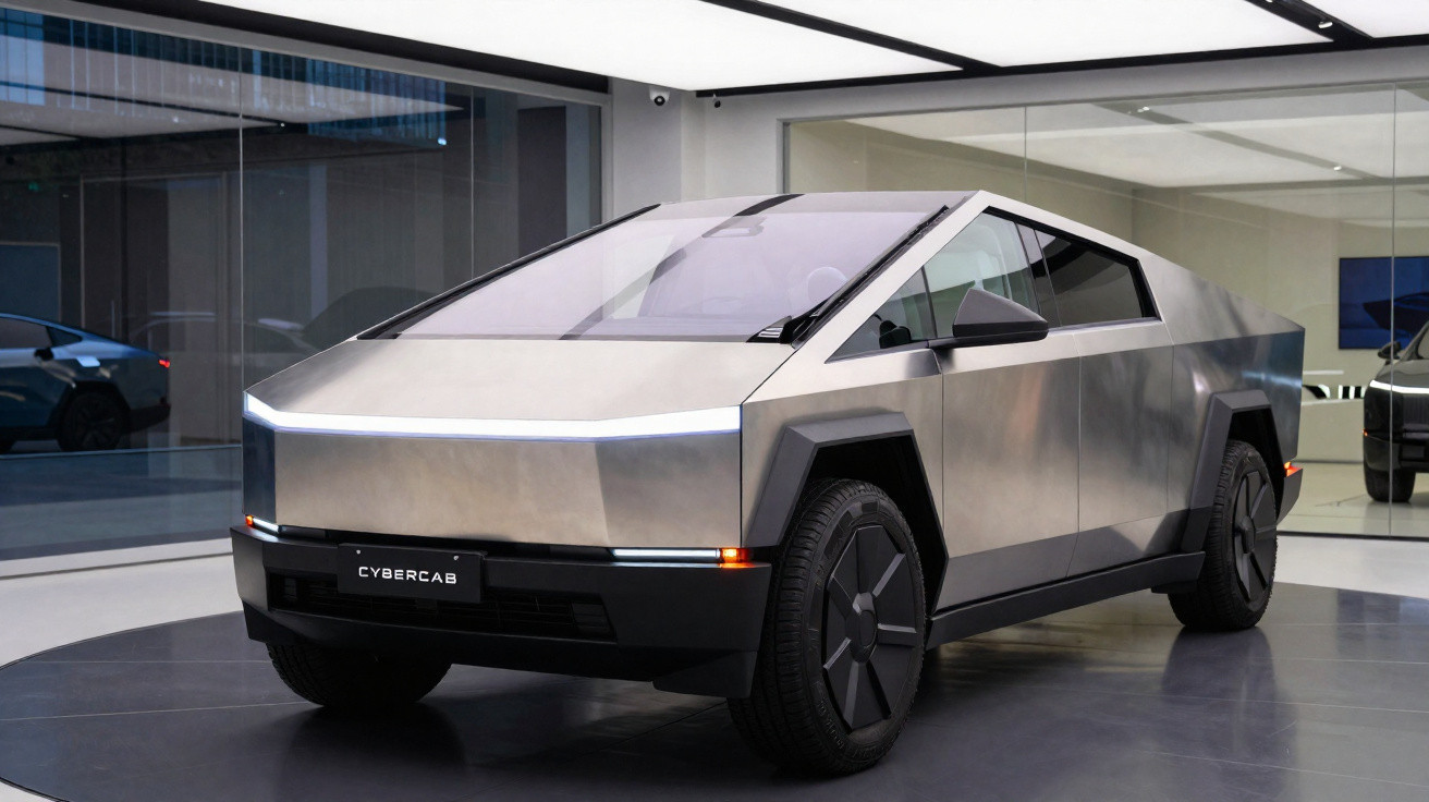 Veículo elétrico futurista Tesla Cybertruck cinza em exposição interna com design angular e iluminação LED frontal.
