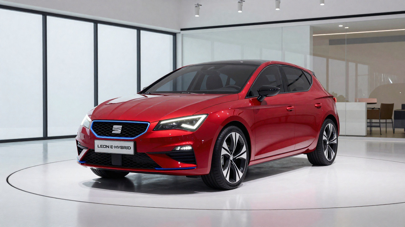 Carro esportivo hatchback vermelho em vitrine moderna, com detalhes em preto e emblema Seat na grade frontal.