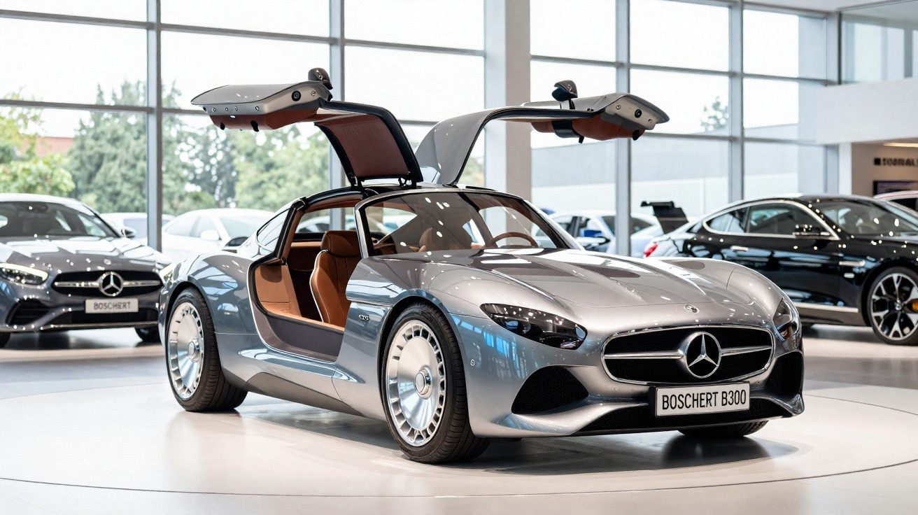 Carro esportivo Mercedes-Benz prata com portas abertas para cima em showroom moderno.