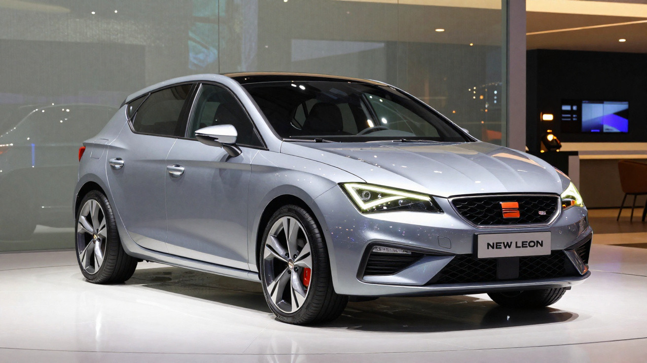Carro cinza prata Seat New Leon estacionado em ambiente fechado com iluminação moderna.